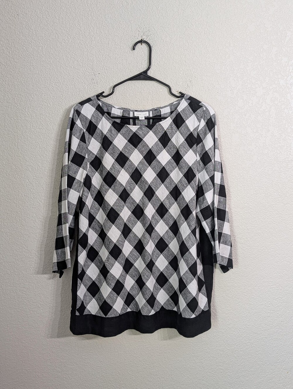 J. Jill 100% Linen Black White Plaid Tunic Top Size XL Check 3/4 Sleeve Flowy